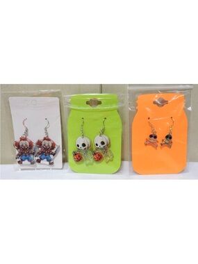 3 Pair Halloween Colorful Earrings Spooky Clown, Cross Bones, Skull Figure
